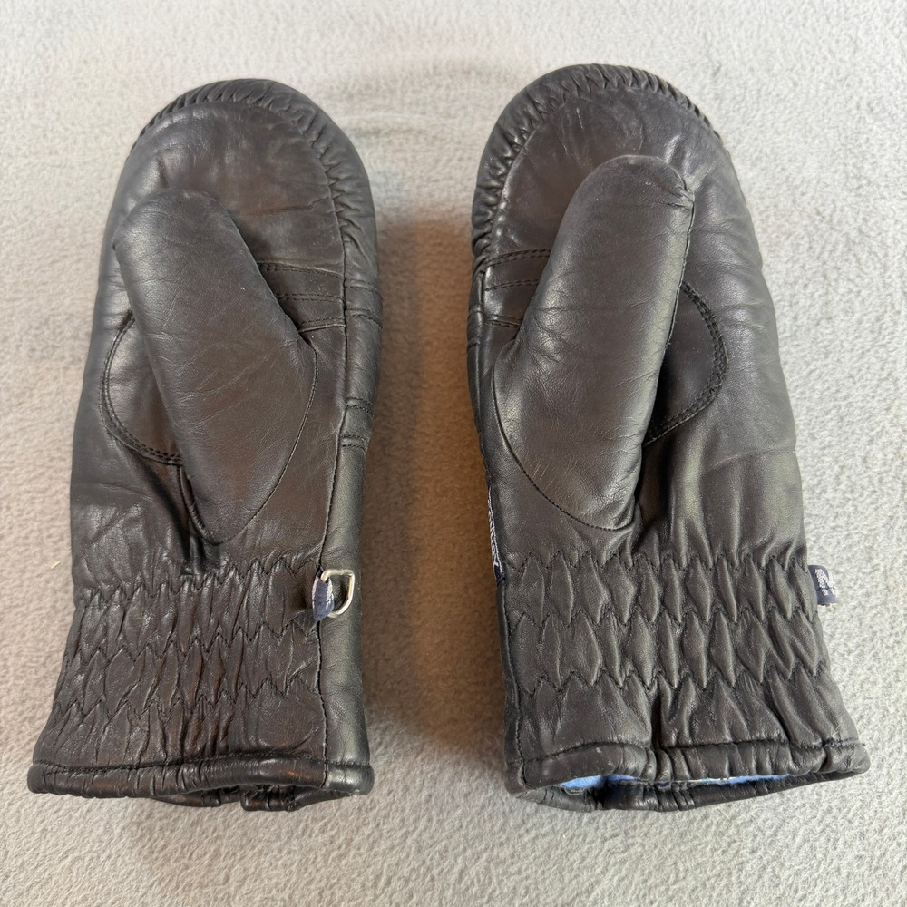 Vintage Conroy Black Leather Mittens Womens Medium Blue Fleece Lined Zipper Back